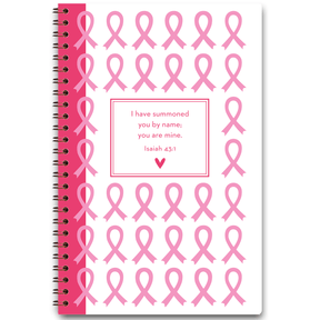 Hope Faith Love pink personalized scripture journal with wire coil binding, cancer awareness inspired design symbolizing strength and support with a unique curated set of Bible verses