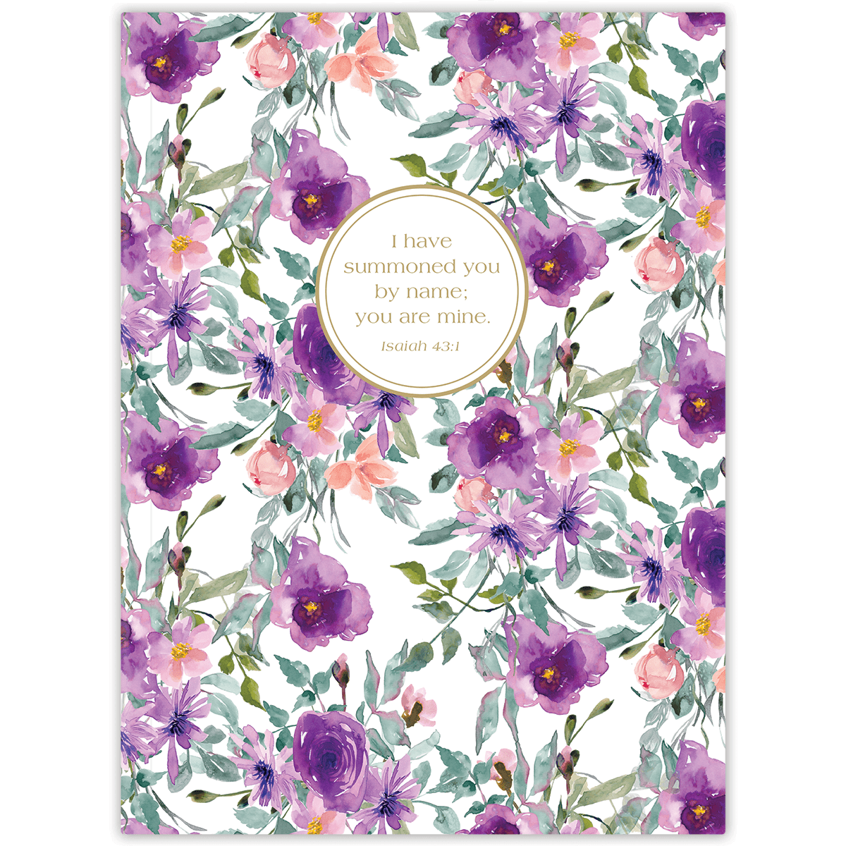 A journal cover featuring a floral design with purple flowers and a central text circle that contains personalized scripture verse.
