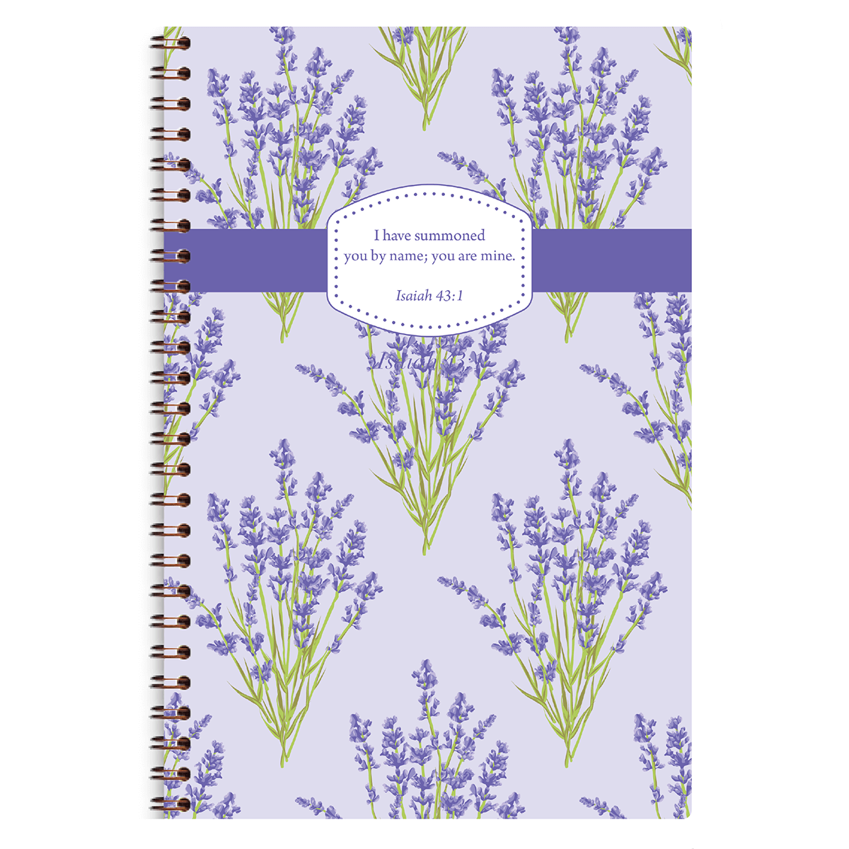 Lavender personalized scripture journal with wire coil binding by Paper Sunday, calming floral design with a unique curated set of Bible verses for daily reflection and journaling