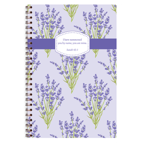 Lavender personalized scripture journal with wire coil binding by Paper Sunday, calming floral design with a unique curated set of Bible verses for daily reflection and journaling