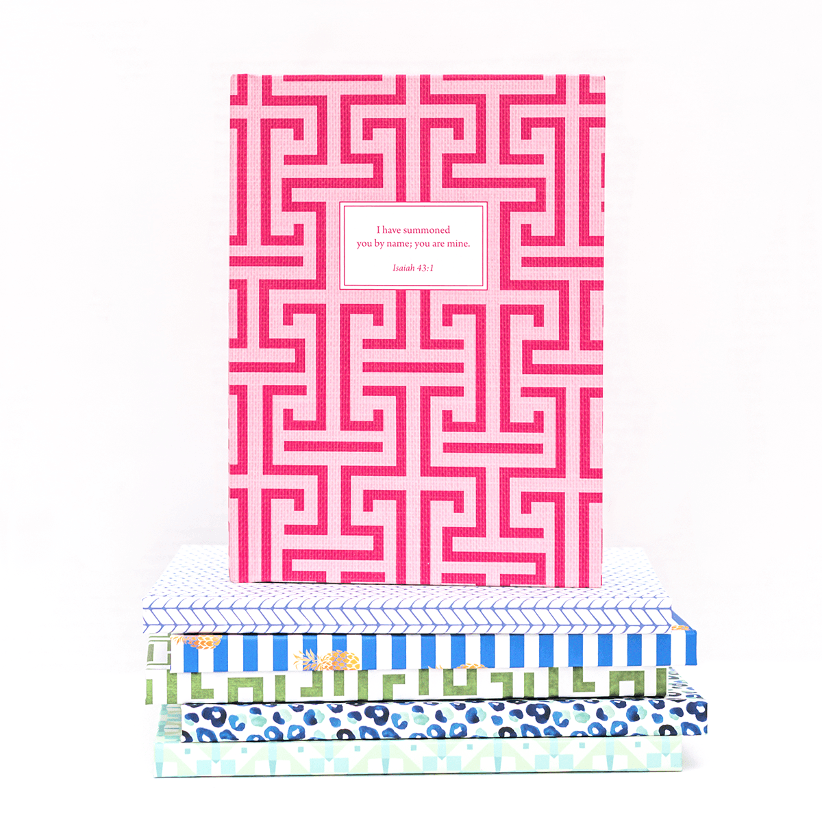 Hardcover Linen Maze personalized scripture journal, structured and minimalist Christian journal with carefully selected Bible verses for consistent daily use and spiritual growth