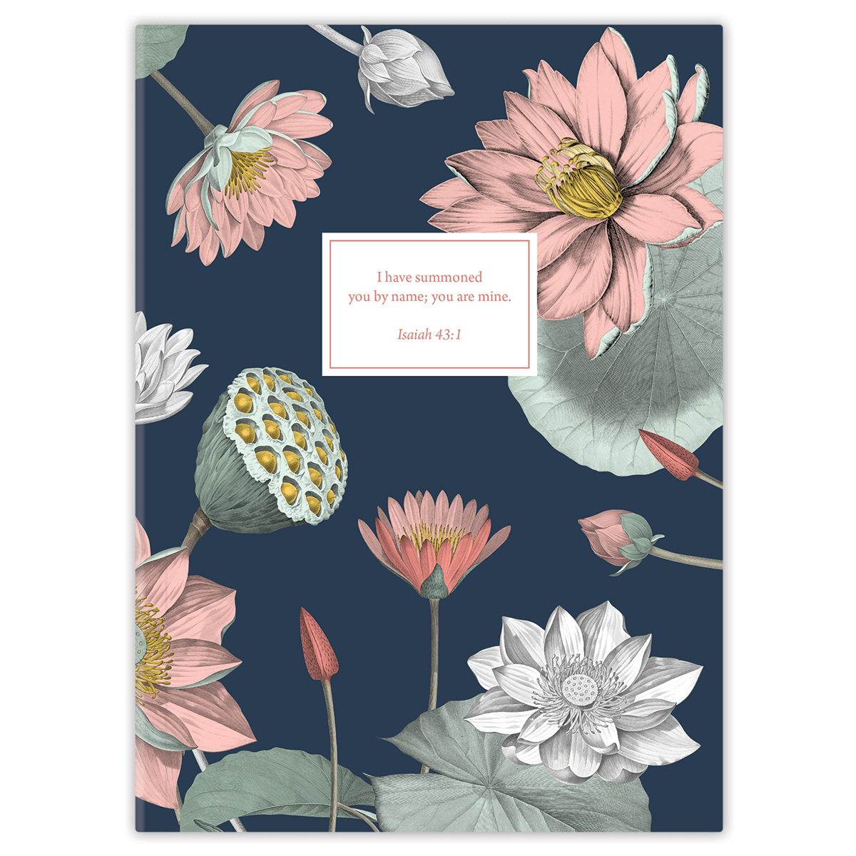 Hardcover Water Lily personalized scripture journal, elegant nature-inspired Christian journal with carefully selected Bible verses for peaceful reflection and spiritual growth