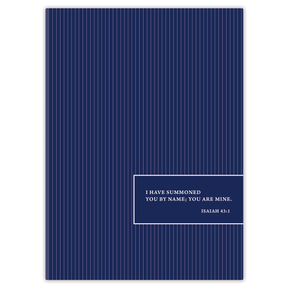 Softcover Pinstripe Bible journal for men with a classic minimalist pattern, personalized scripture journal featuring a one-of-a-kind selection of curated scriptures for quiet time and journaling