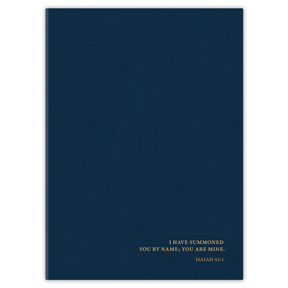 Softcover navy linen Bible journal for men with a classic understated design, personalized scripture journal featuring a one-of-a-kind selection of scriptures for quiet time and daily use