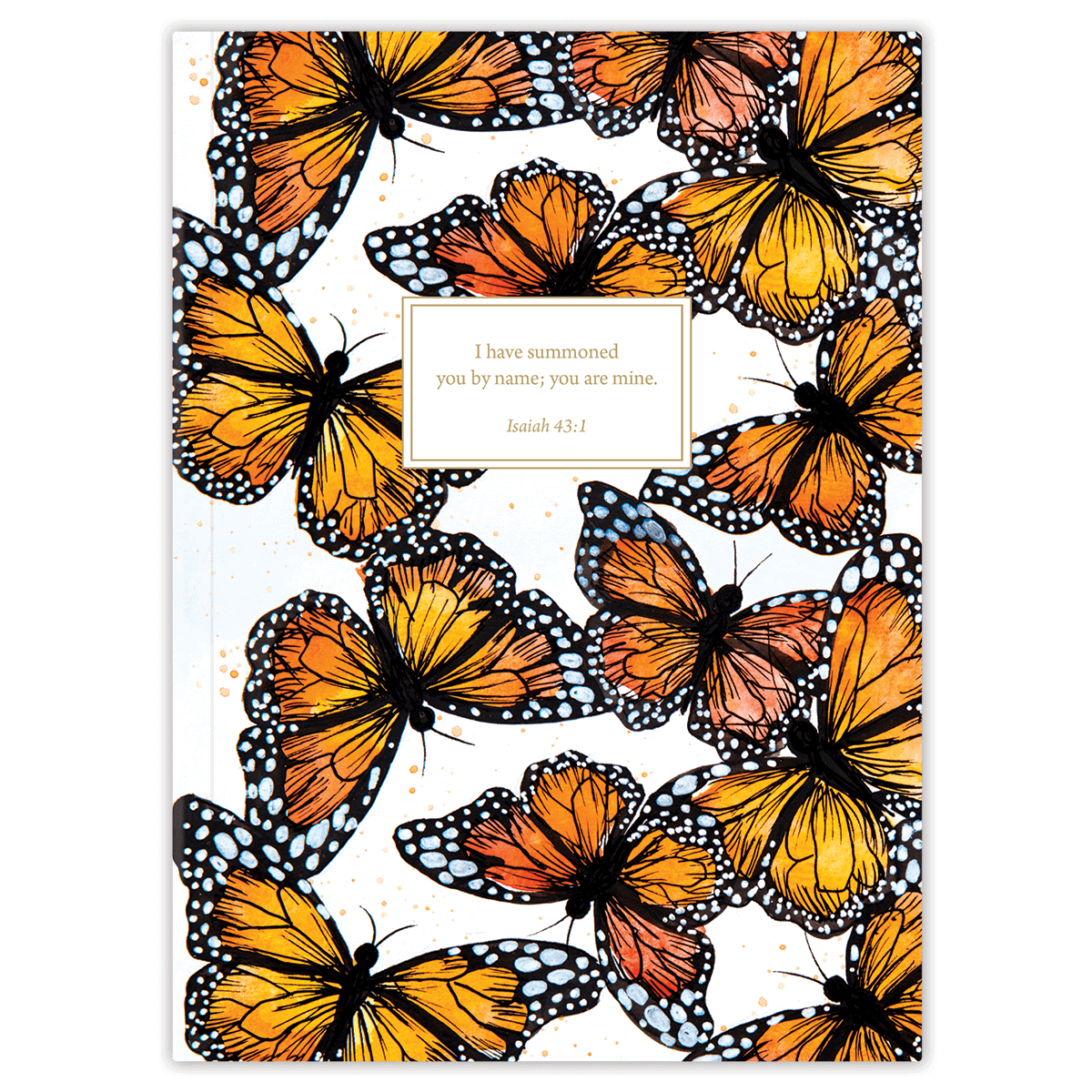 Softcover Sharon’s Monarch Bible journal with butterfly artwork by Theresa Mangum, personalized scripture journal featuring a one-of-a-kind selection of curated scriptures for quiet time and journaling