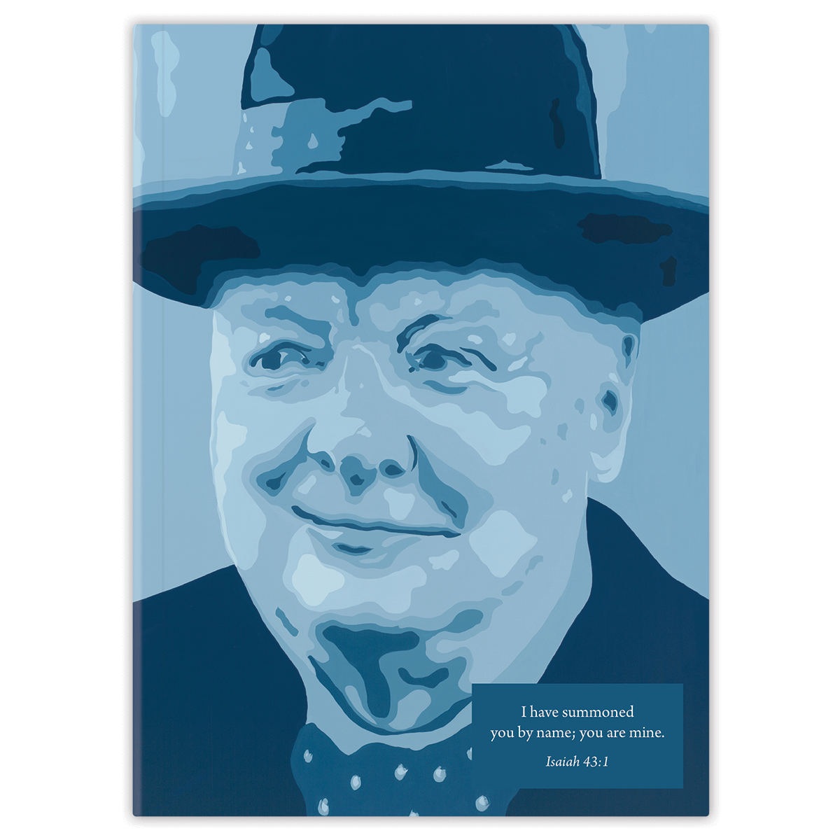 A cover of a planner featuring a stylized portrait of Winston Churchill in a blue tone with a hat, and a scripture verse.