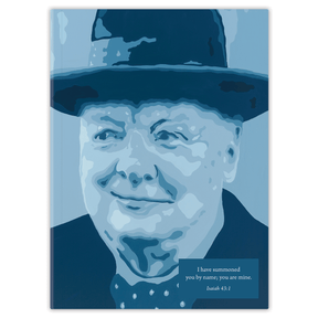 A cover of a planner featuring a stylized portrait of Winston Churchill in a blue tone with a hat, and a scripture verse.