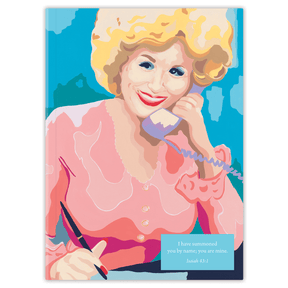 A colorful planner cover featuring an illustration of a woman on the phone, with a title tag indicating 'Dolly Parton' and a scriptural reference.