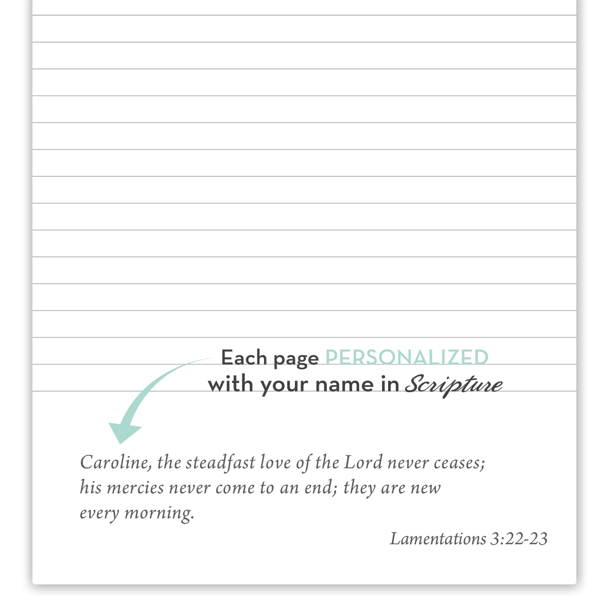 Open personalized scripture journal showing printed Bible verse pages, each journal includes a distinct curated collection of scriptures designed for reflection and quiet time