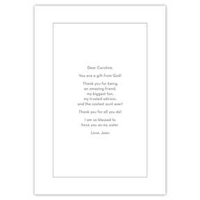 Personal message page inside personalized Bible journal, featuring custom text alongside a distinct set of thoughtfully selected scriptures