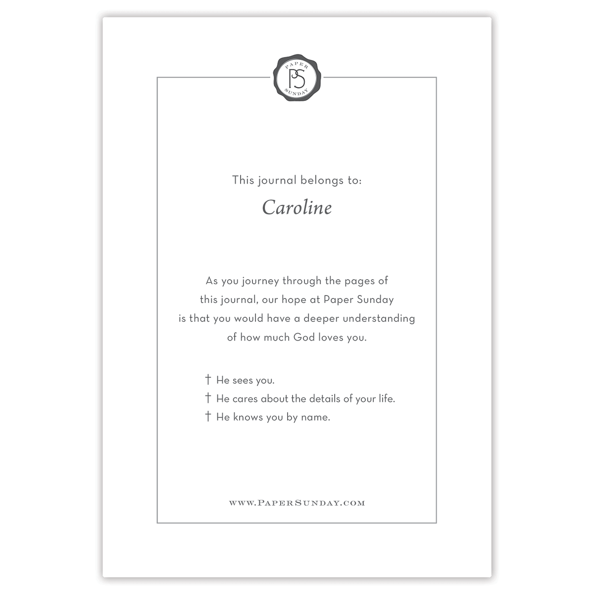 Custom dedication page inside personalized scripture journal with printed name and personal message, paired with a unique selection of curated Bible verses