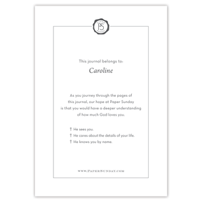 Custom dedication page inside personalized scripture journal with printed name and personal message, paired with a unique selection of curated Bible verses
