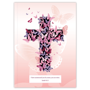 Hardcover personalized scripture journal with Pink Butterfly Cross cover, durable Christian gift journal for daily devotion and spiritual growth
