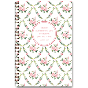 Rose Garden personalized scripture journal with wire coil binding featuring artist-designed floral cover by Lydia Carraway for Paper Sunday, each journal includes a unique curated set of Bible verses for daily reflection