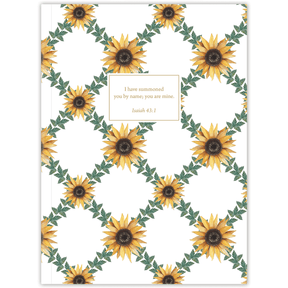Hardcover sunflower lattice personalized scripture journal by Lydia Carraway, cheerful floral Christian journal with carefully selected Bible verses for meaningful daily use
