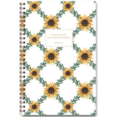 Sunflower Lattice personalized scripture journal with wire coil binding featuring bright sunflower and lattice artwork by Lydia Carraway, each journal includes a unique curated set of Bible verses for reflection