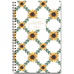 Sunflower Lattice personalized scripture journal with wire coil binding featuring bright sunflower and lattice artwork by Lydia Carraway, each journal includes a unique curated set of Bible verses for reflection