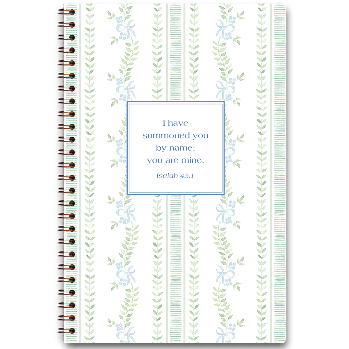 Tied With A Bow personalized scripture journal with wire coil binding featuring artist-designed ribbon bow cover by Lydia Carraway for Paper Sunday, each journal includes a unique curated set of Bible verses for daily reflection
