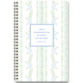 Tied With A Bow personalized scripture journal with wire coil binding featuring artist-designed ribbon bow cover by Lydia Carraway for Paper Sunday, each journal includes a unique curated set of Bible verses for daily reflection