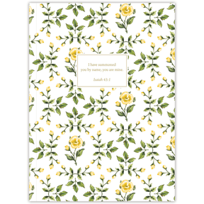 Hardcover Debbie’s Yellow Rose personalized scripture journal by Lydia Carraway, warm and uplifting Christian journal with yellow rose design and carefully selected Bible verses for meaningful daily use