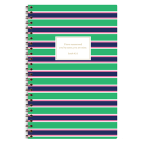 personalized green stripes planner with wire coil binding and custom name on striped design