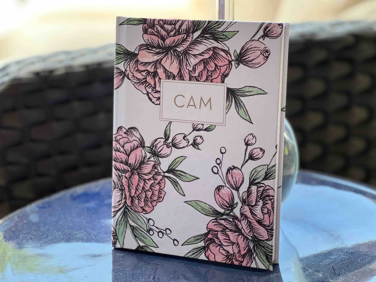 Hardcover Bouquet personalized scripture journal by Theresa Mangum, an elegant floral Christian journal with carefully selected Bible verses for daily reflection and spiritual growth